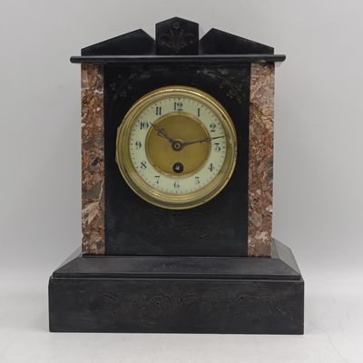 Antique black slate and marble mantel clock - runs and stops