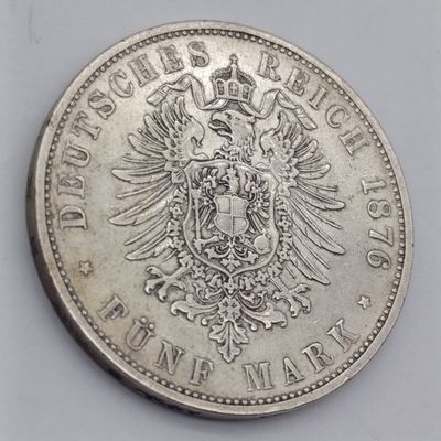 1876 F German Wuerttemberg 5 Mark XF