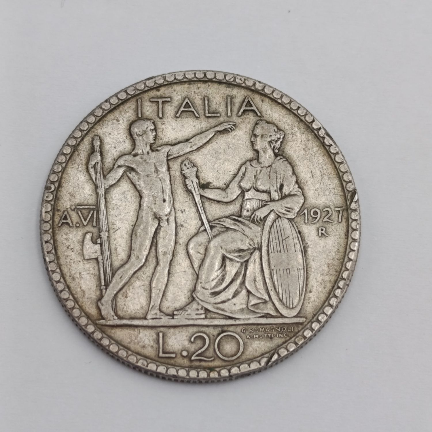 Italy 1927 Silver 20 Lire Vittorio Emanuele - weight 15g XF