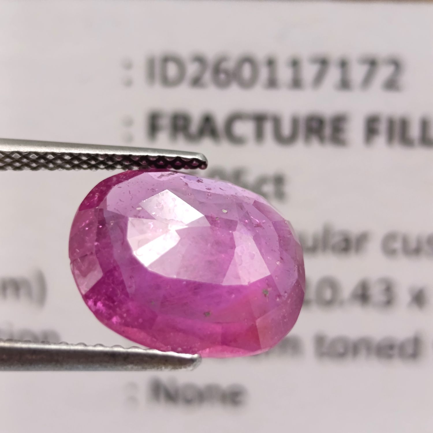 Rectangular cushion Fracture Filled Ruby of 5,195ct with GEMLAB certificate