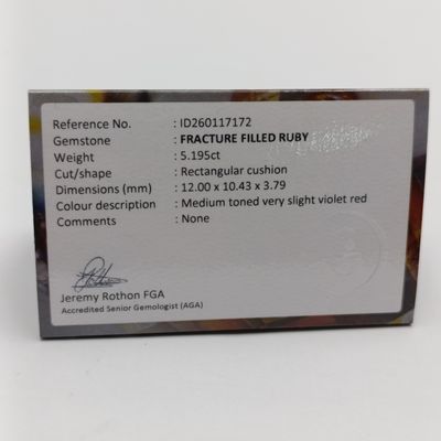 Rectangular cushion Fracture Filled Ruby of 5,195ct with GEMLAB certificate