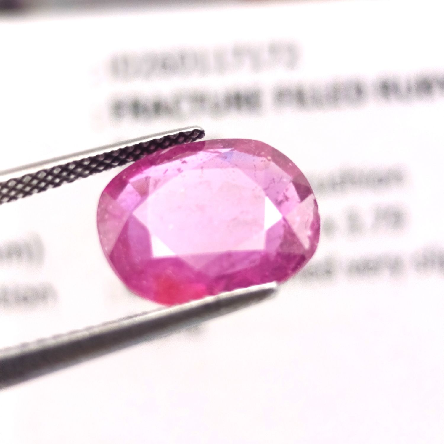 Rectangular cushion Fracture Filled Ruby of 5,195ct with GEMLAB certificate
