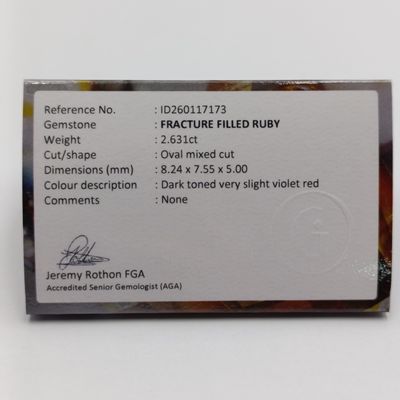 Oval Mixed Fracture Filled Ruby of 2,631ct with GEMLAB certificate