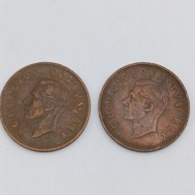 South Africa Pair of 1948 pennies - one is no stop after 8 variation