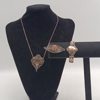 Vintage silver filigree necklace, bracelet and brooch set with gold inlays - total weight 34,5g
