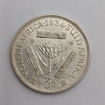 South Africa 1934 silver 3d three pence AU