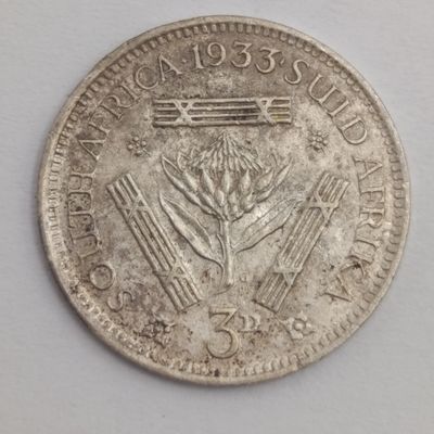 South Africa 1933 silver 3d XF+