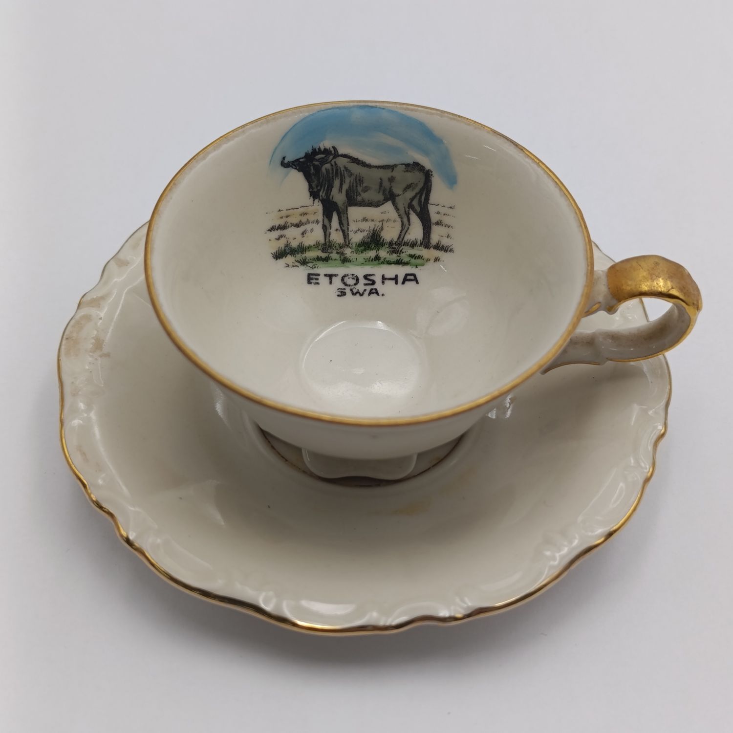 Vintage Etosha SWA Wildebeest souvenir cup and saucer
