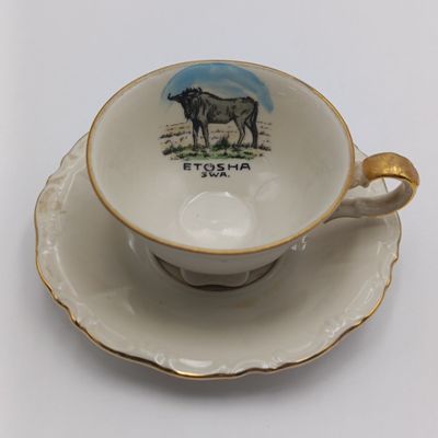 Vintage Etosha SWA Wildebeest souvenir cup and saucer