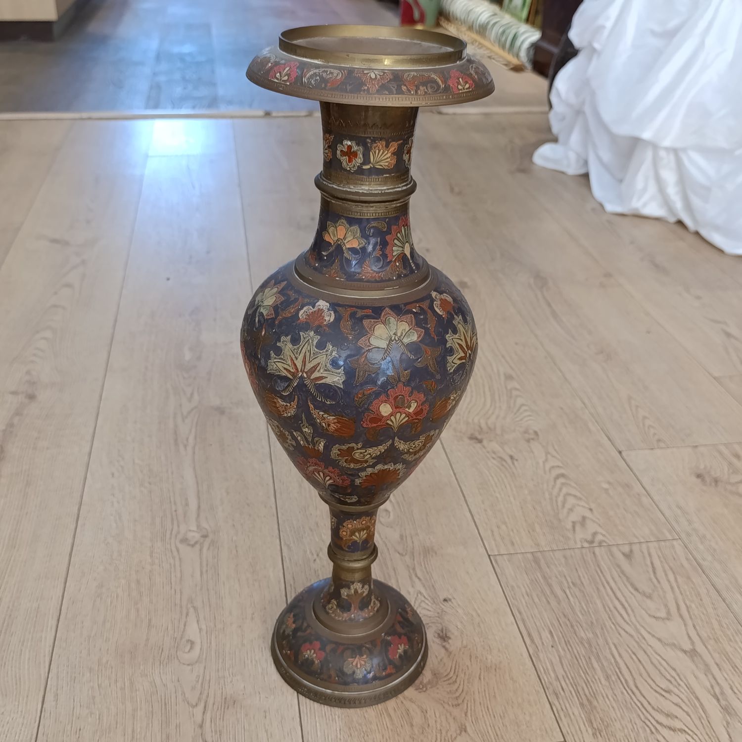 Vintage large brass handpainted flower vase - height 60cm