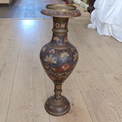 Vintage large brass handpainted flower vase - height 60cm