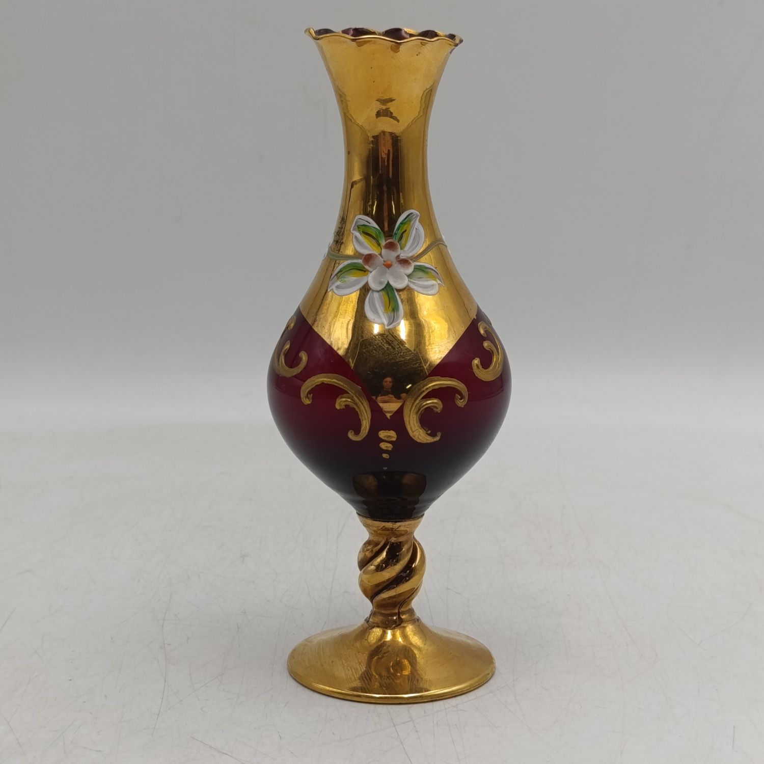 Vintage Cranberry glass vase with handpainted gold and flowers