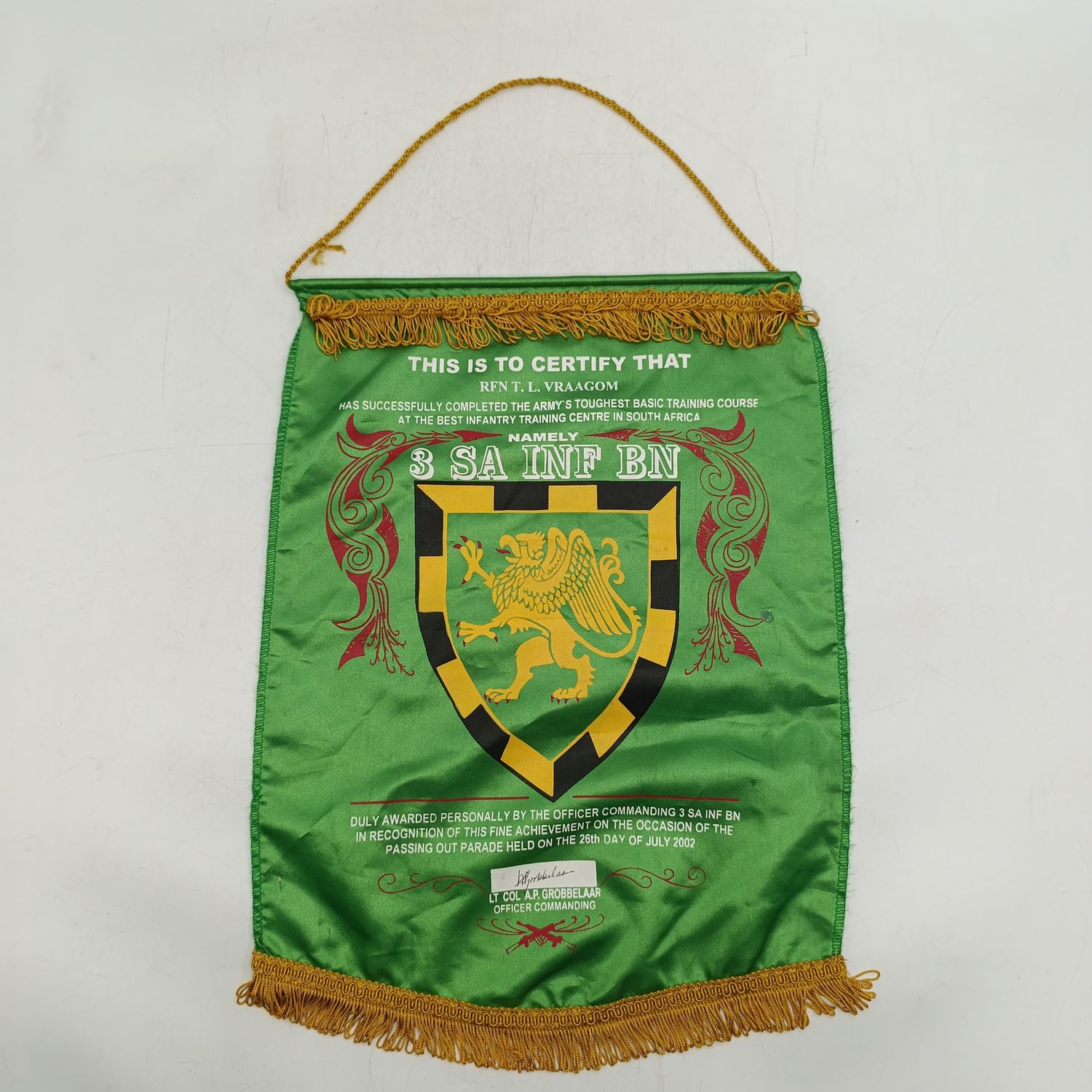 SADF 3 SA Infantry Battalion certificate banner flag to RFN TL Vraagom