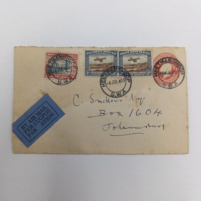 Airmail cover South West Africa Keetmanshoop to Johannesburg - with 2 1931 issue airmail stamps