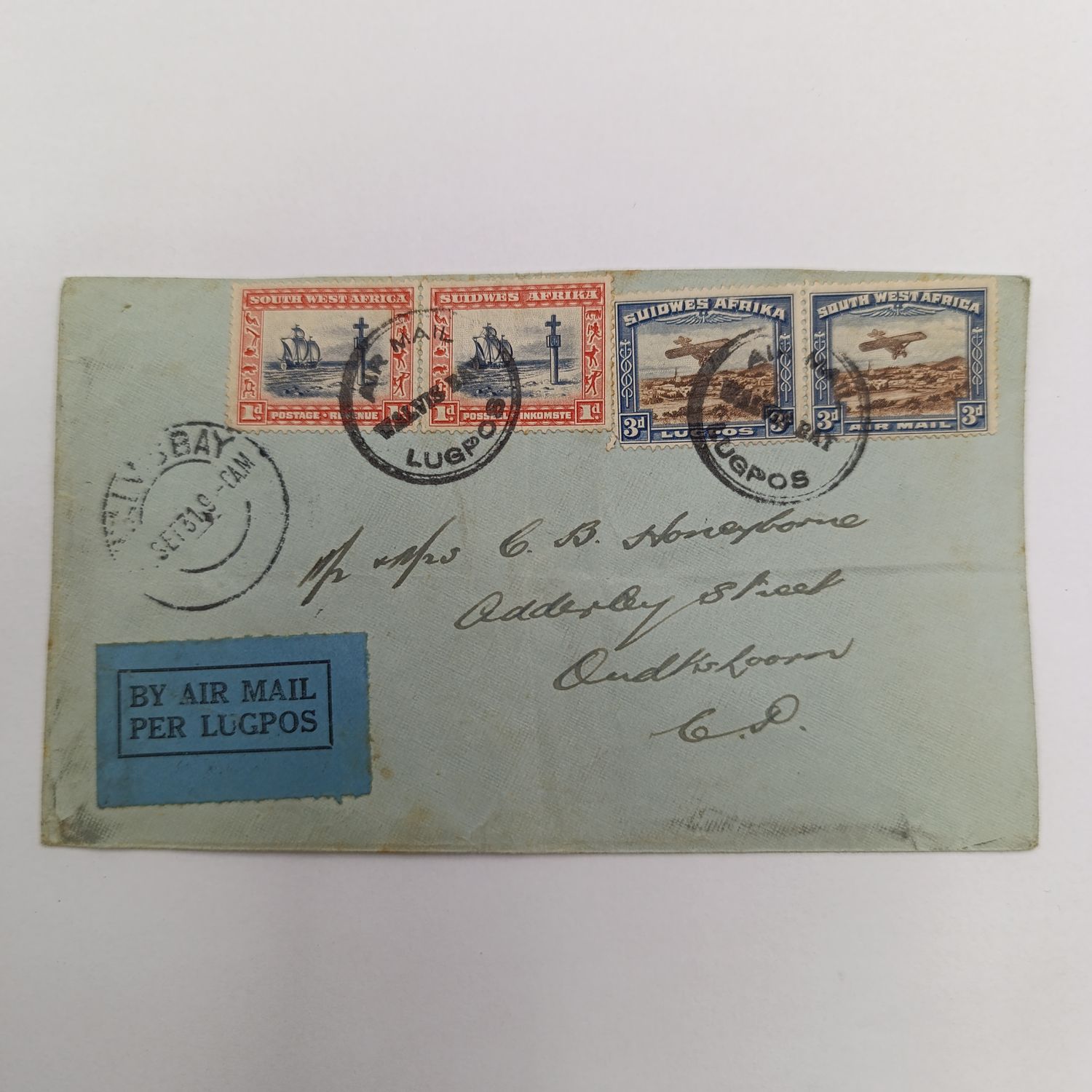 Postal cover - airmail Walvis Bay, South West Africa to Oudtshoorn South Africa - postal date 9 september 1931 3d stamp pair - windhoek cancel at the back