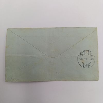 Postal cover - airmail Walvis Bay, South West Africa to Oudtshoorn South Africa - postal date 9 September 1931 3d stamp pair - Windhoek cancel at the back