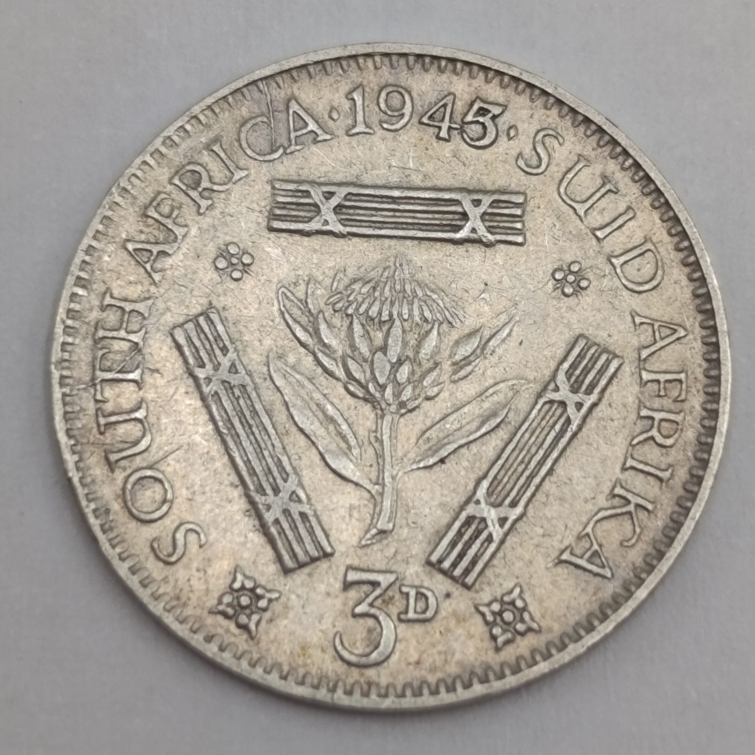 South Africa 1945 over 1943 tickey 3d in Xf+ condition