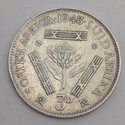 South Africa 1945 over 1943 tickey 3d in Xf+ condition