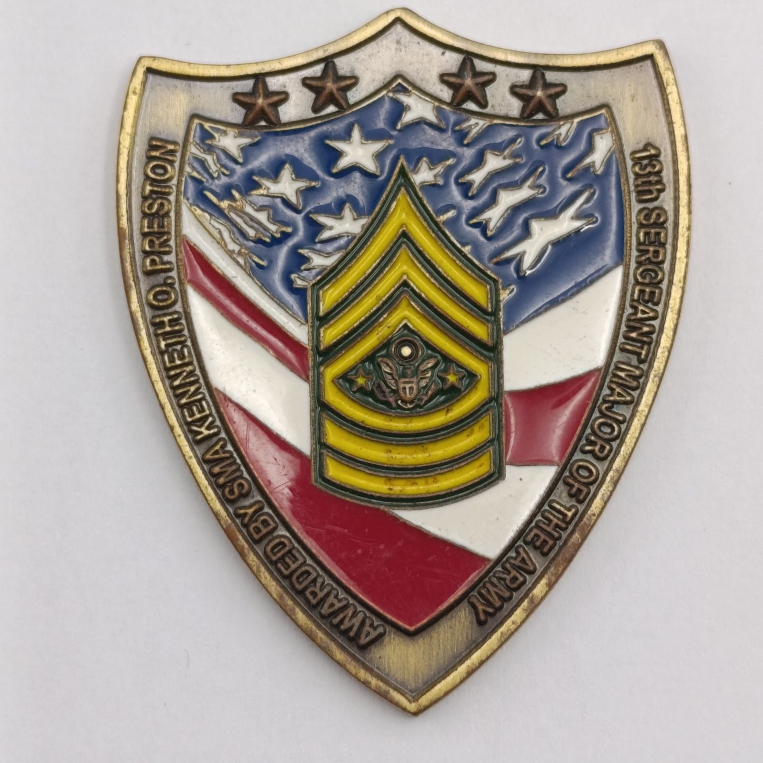 US Army challenge coin awarded by Kenneth O. Preston, the 13th Sergeant Major of the US Army