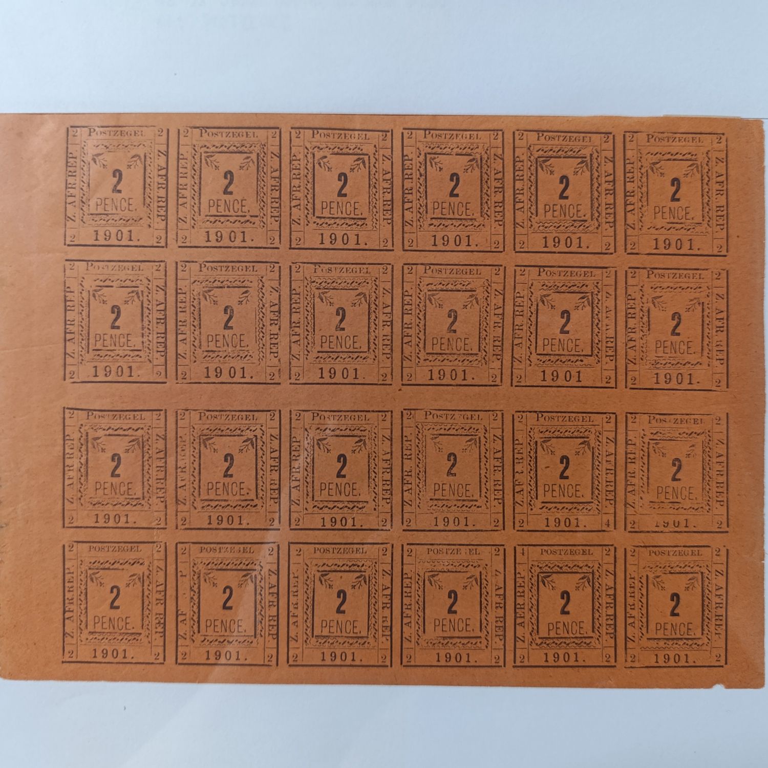 Full sheet of 24 Pietersburg 2 pence stamps with all 3 types - most previous print errors rectified - all without controller's initials