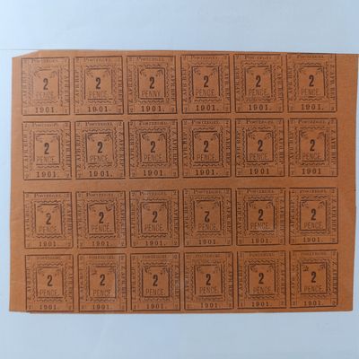 Full sheet of 24 Pietersburg 2 pence stamps - 1901 set with all 3 types - multiple flaws