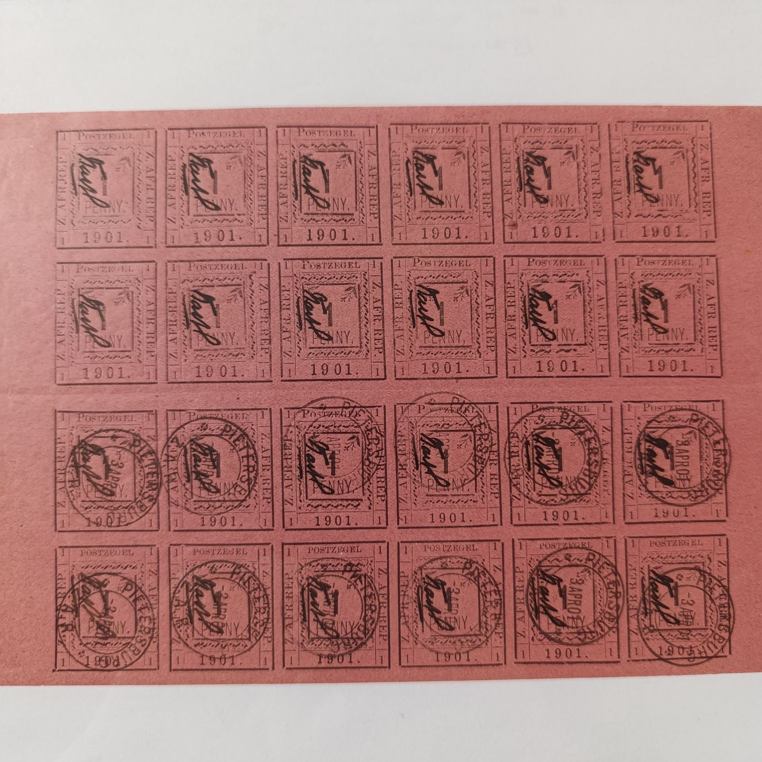 1901 Pietersburg full 24 stamp sheet of imperforate 1 penny stamps