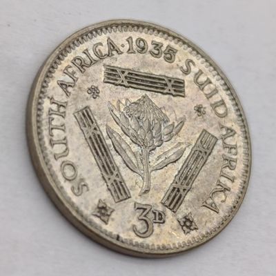South Africa 1935 3d Tickey Coin AU - Union of South Africa Numismatic Collectable