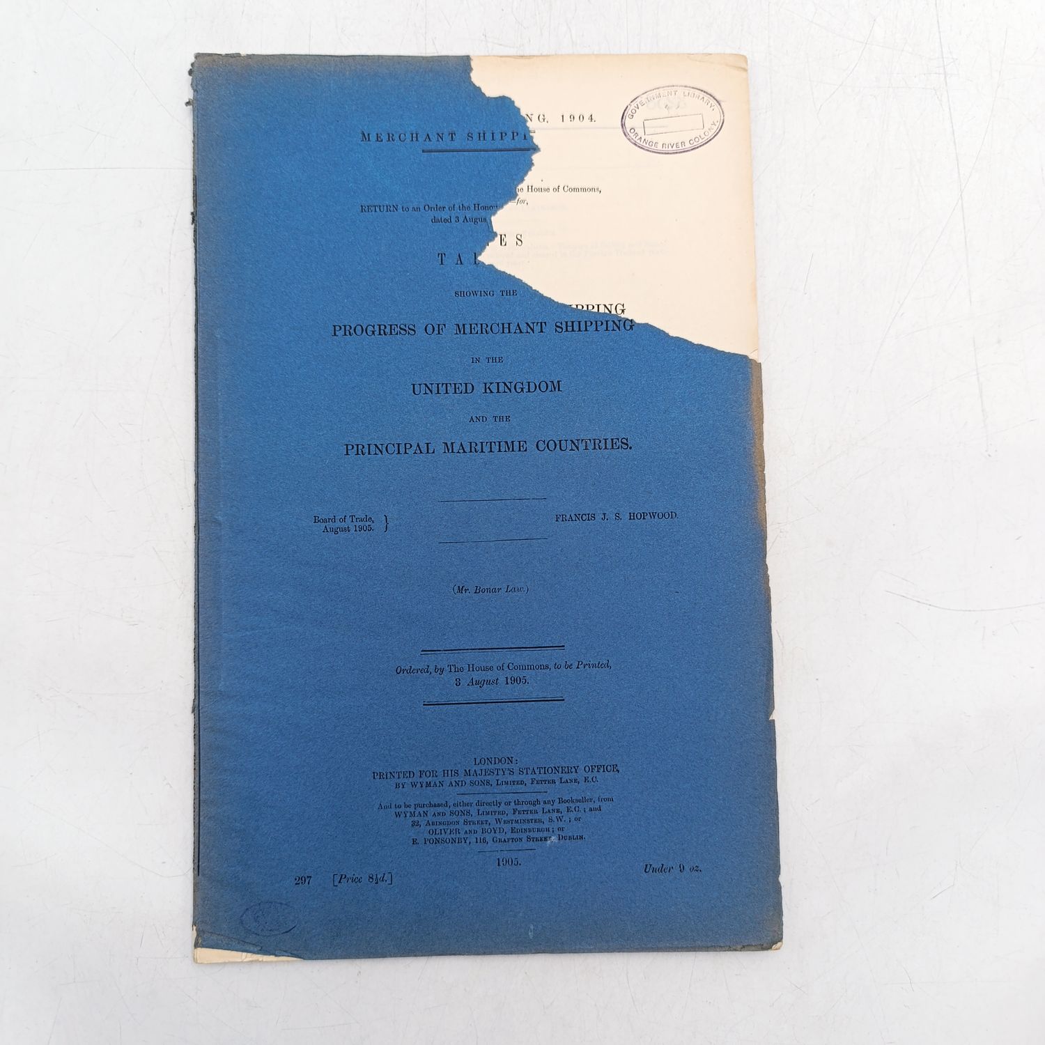 1905 Document on talks showing the prgress of merchant shipping in the UK and maritime countries ( front page torn )