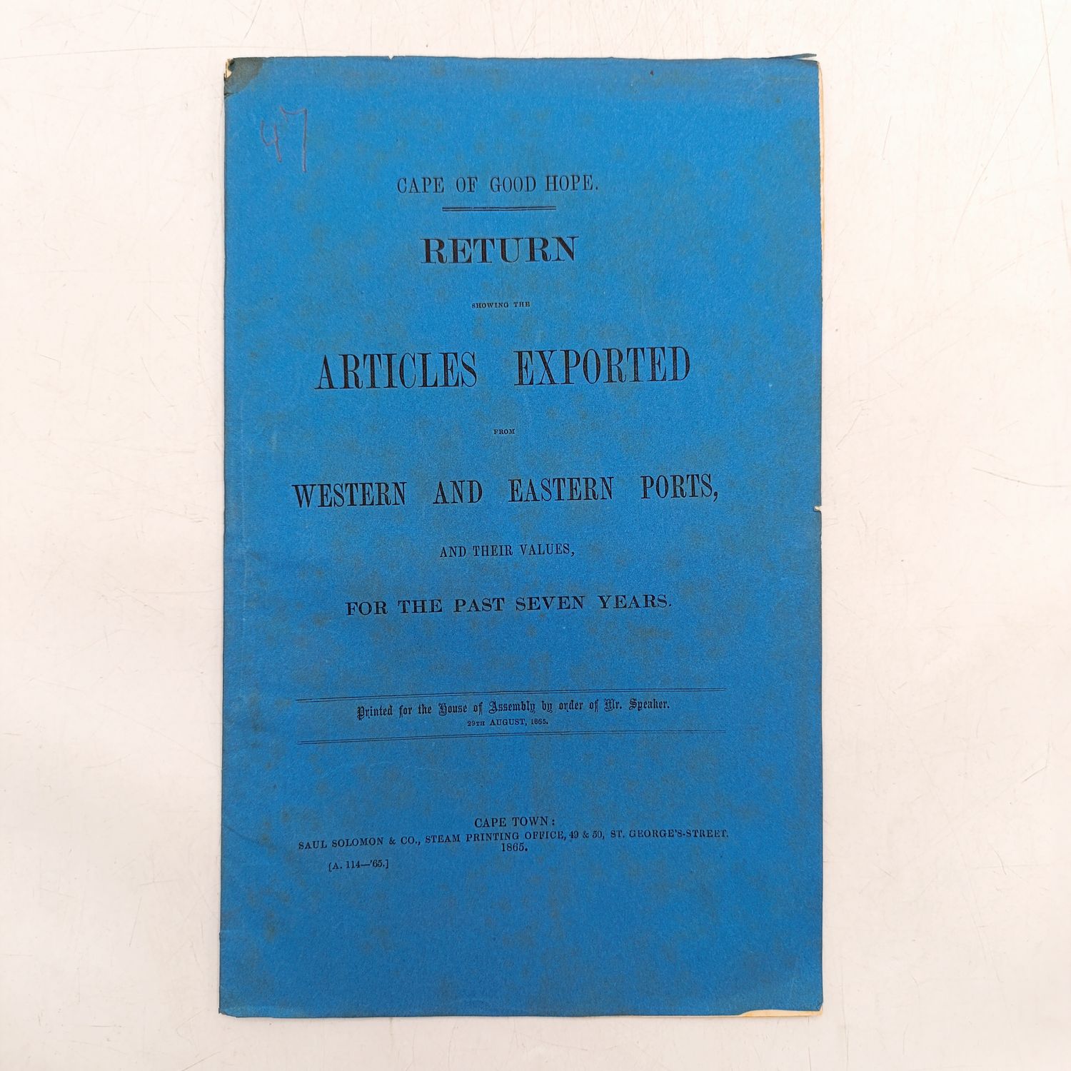 Cape opf Good Hope 1865 return showing the Articles Exported from Western and Eastern parts and their values