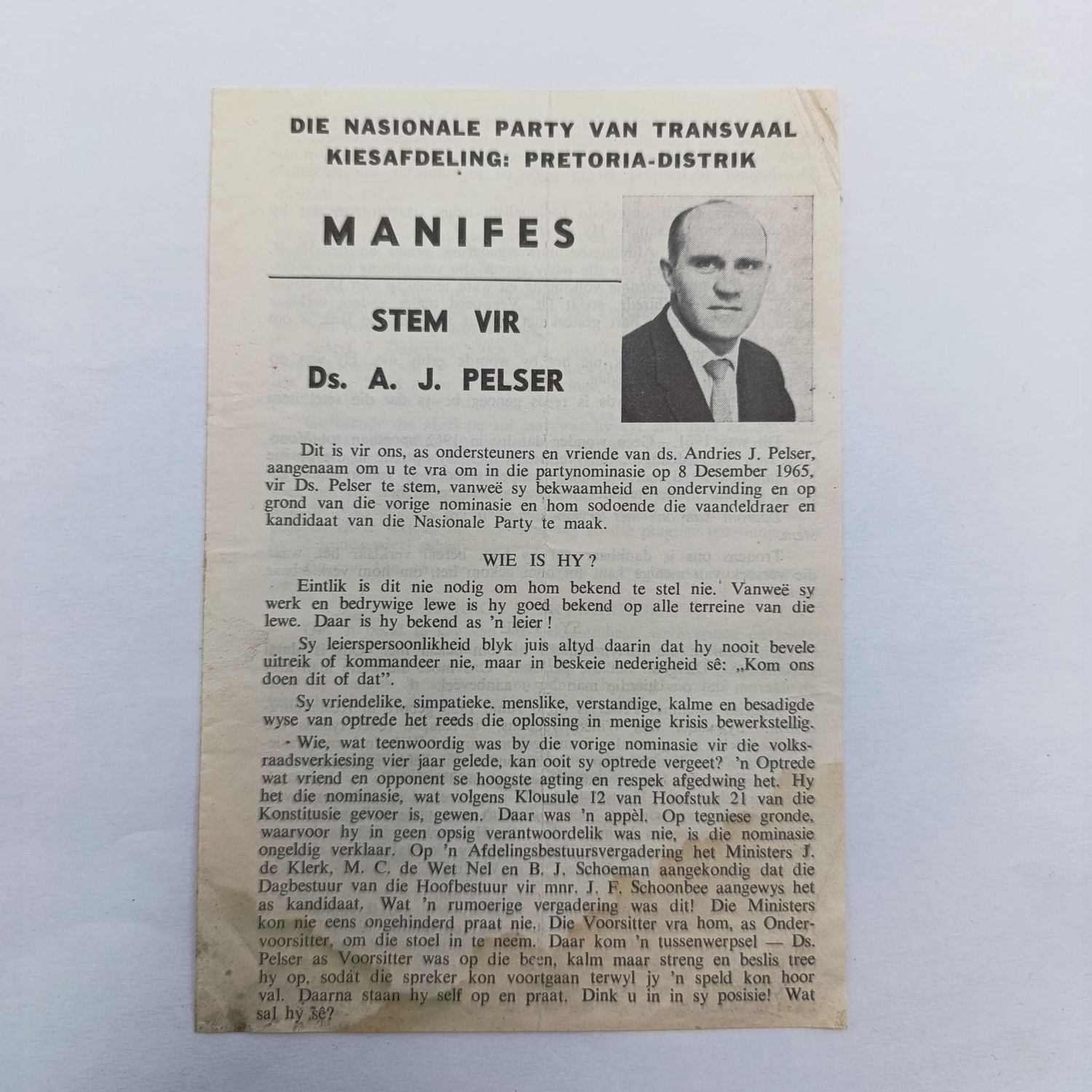 1965 South Africa National Party Manifest for DS AJ Pelser