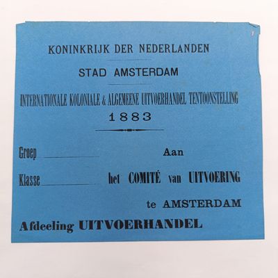 1883 Exhibitor poster for the Uitvoerhandel part of the Internasional Colonial Exhibition in Amsterdam