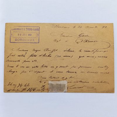 Postcard sent 20 December 1890 from Bordeaux, France to Alkmaar, Holland