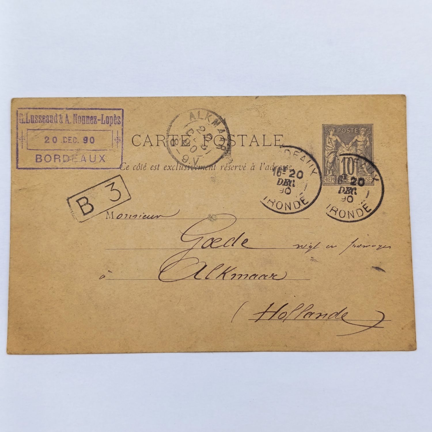 Postcard sent 20 December 1890 from Bordeaux, France to Alkmaar, Holland