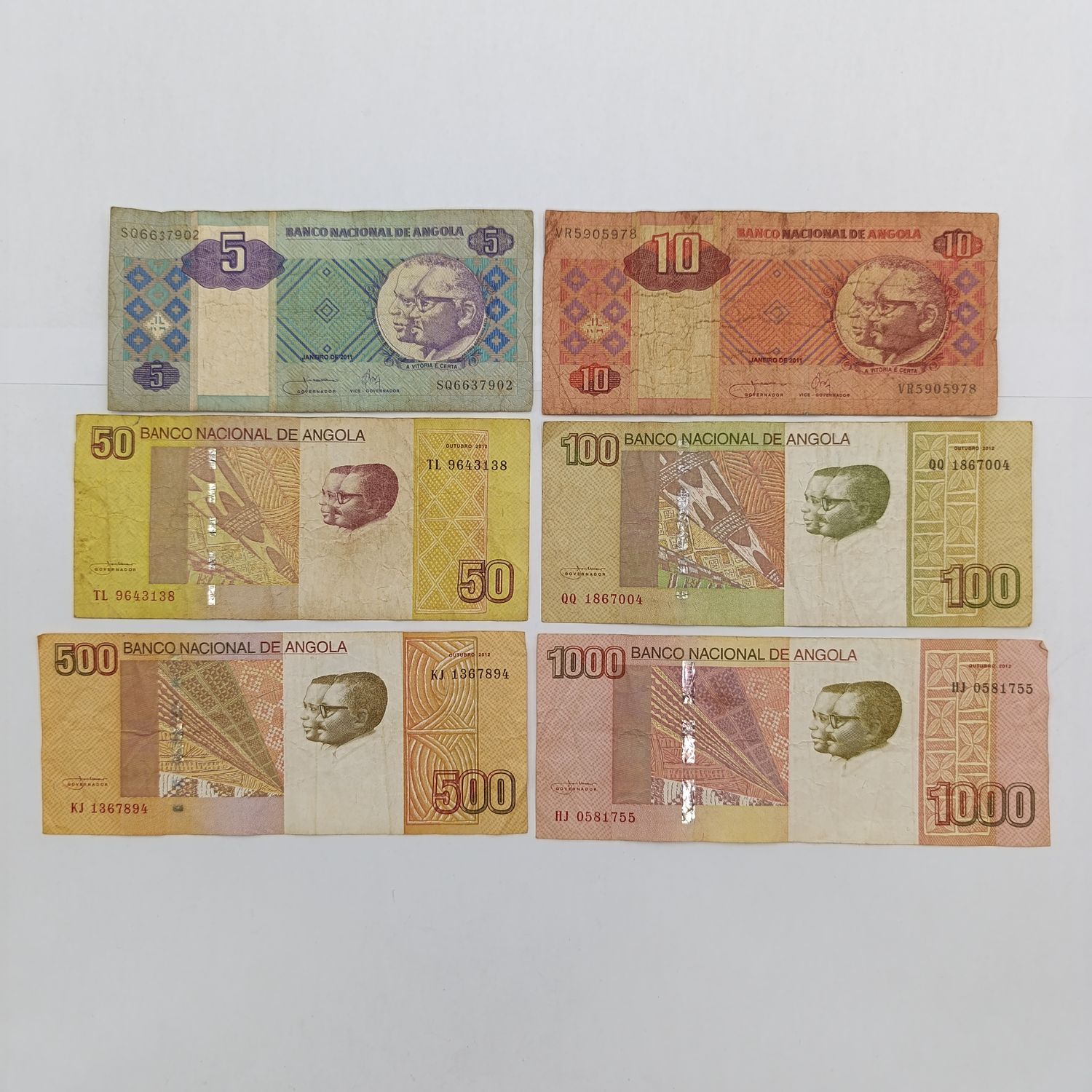 Angola set of 6 vintage banknotes 5 Kwanzas to 1000 kwanzas