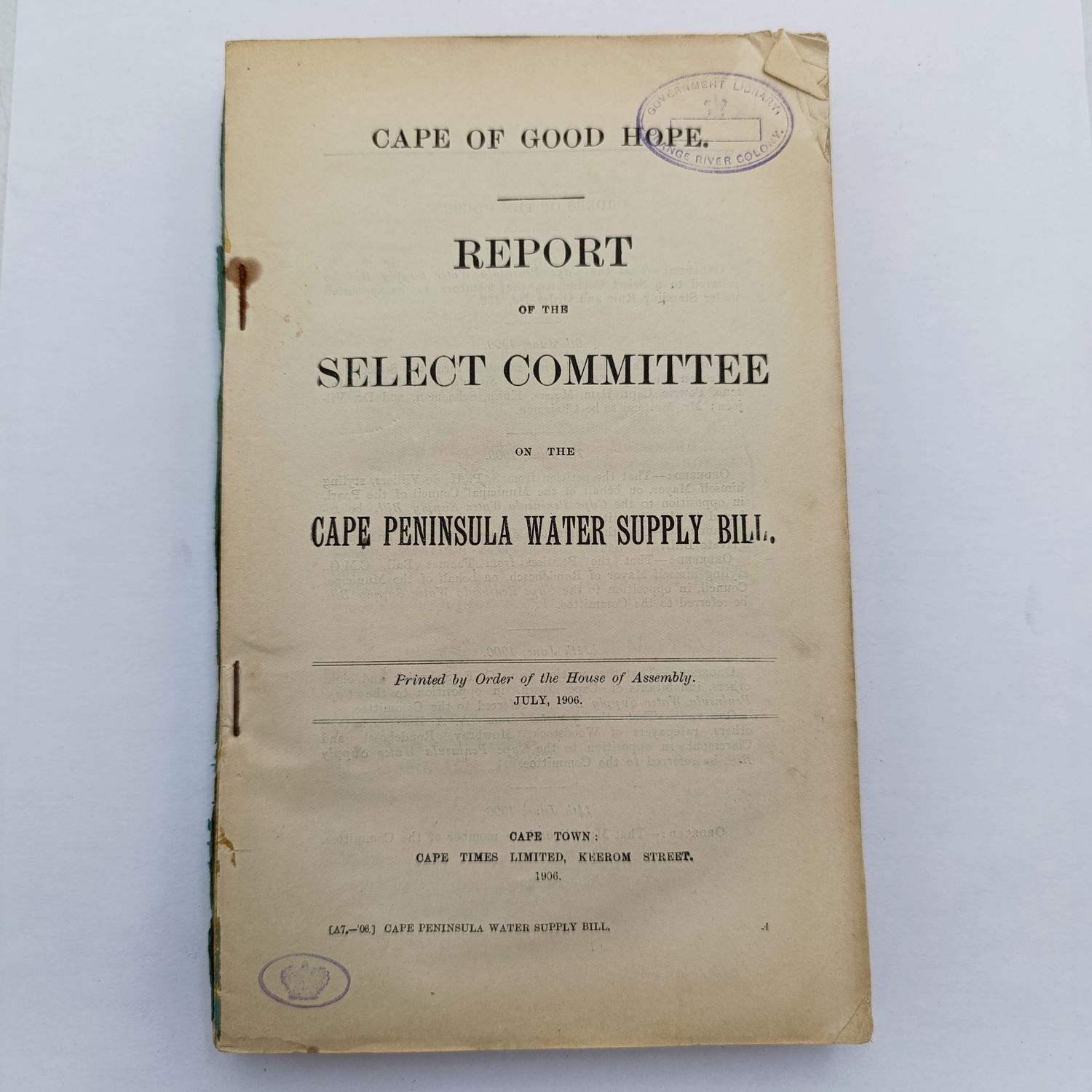Cape of Good Hope Report 1906 - Cape peninsula water supply bill