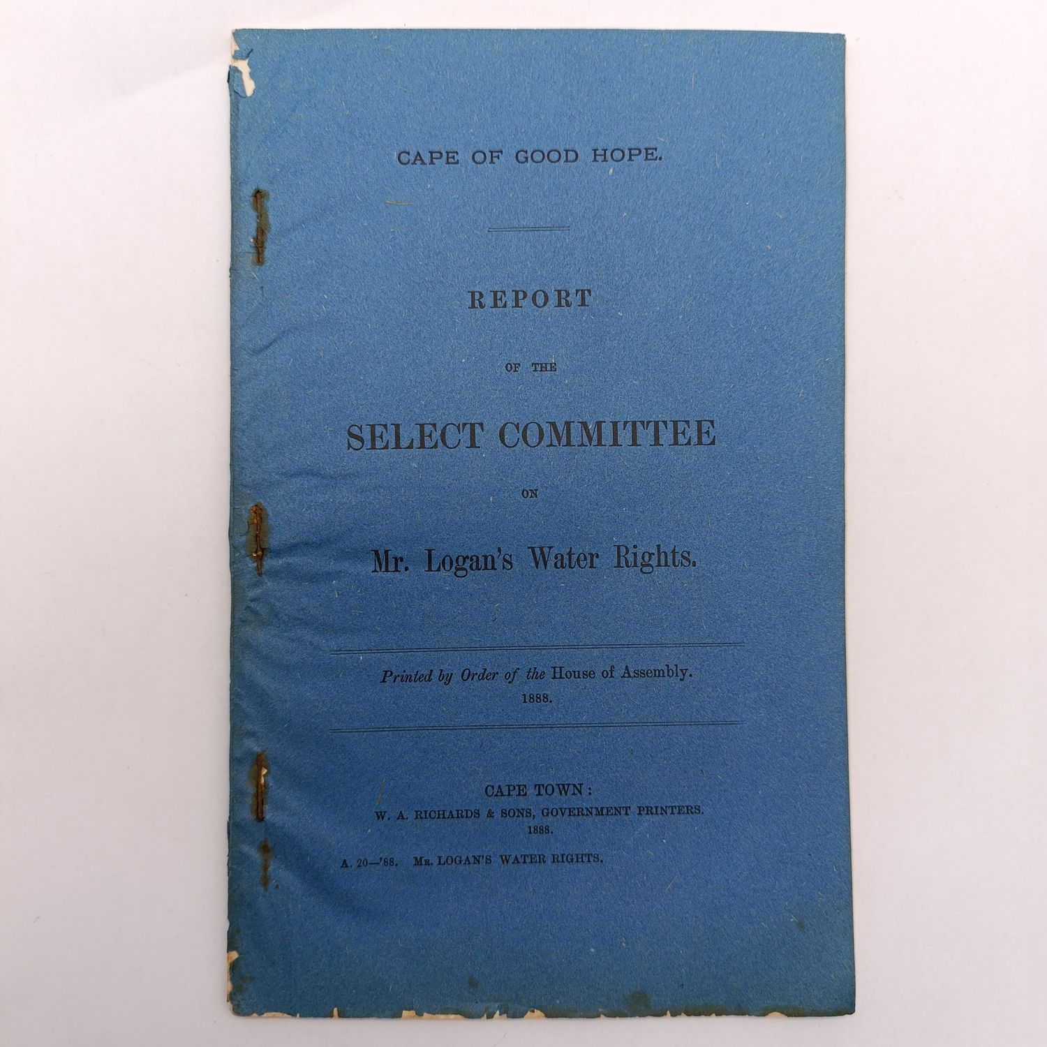 Cape of Good Hope report - Mr. Logan's water rights 1888 - Africana Collectable Document