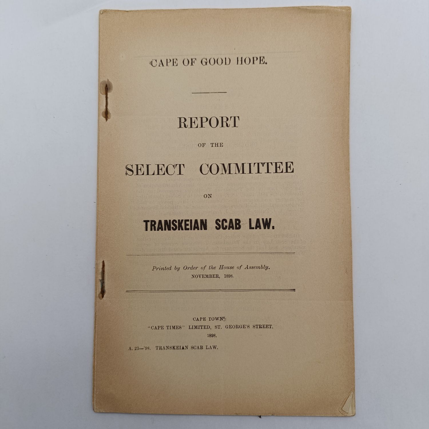 Cape of Good Hope Report 1898 - Transkeian Scab Law Historical Document