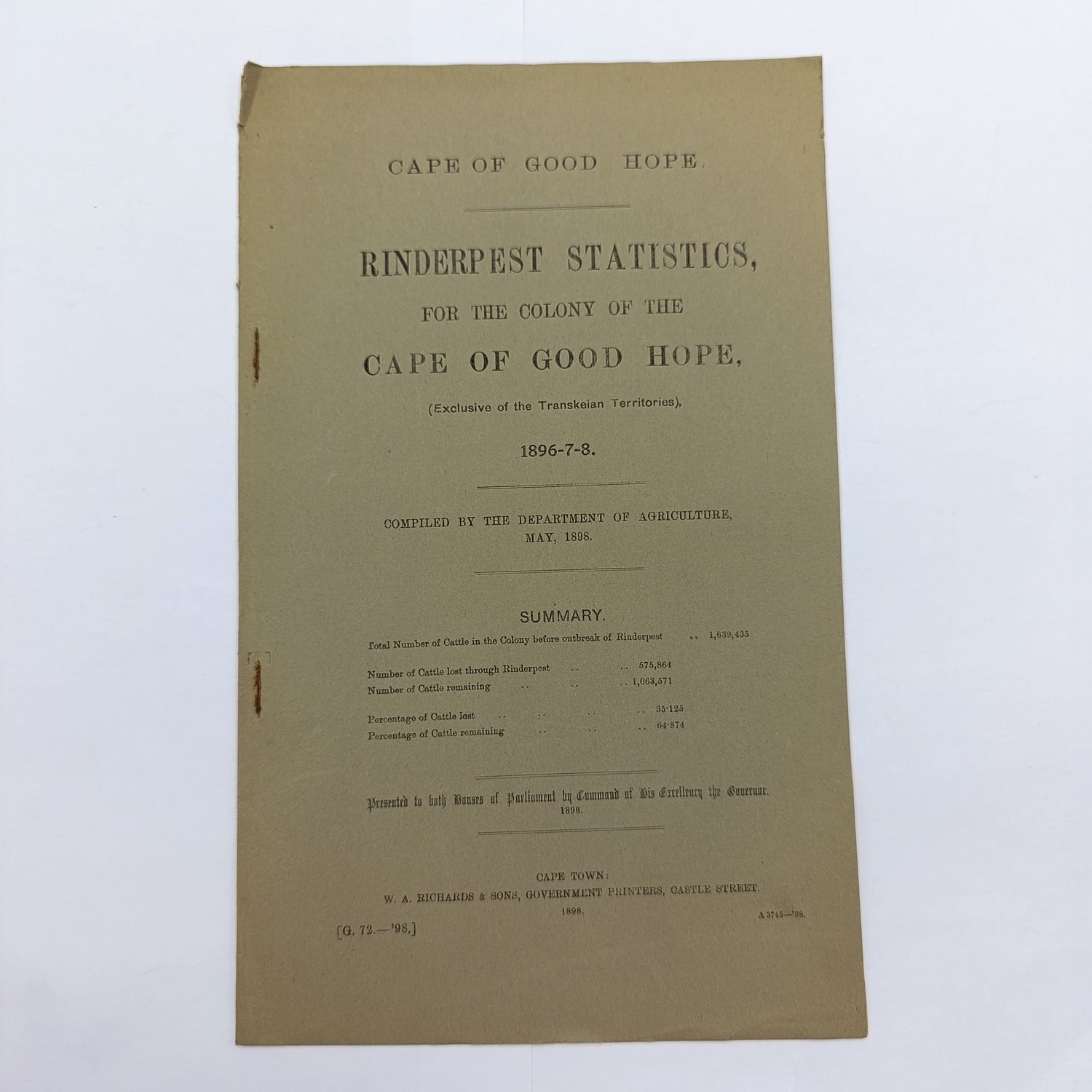 Cape of Good Hope Rinderpest Statistics of the colony 1896/7/8 ( 35% of all cattle lost )