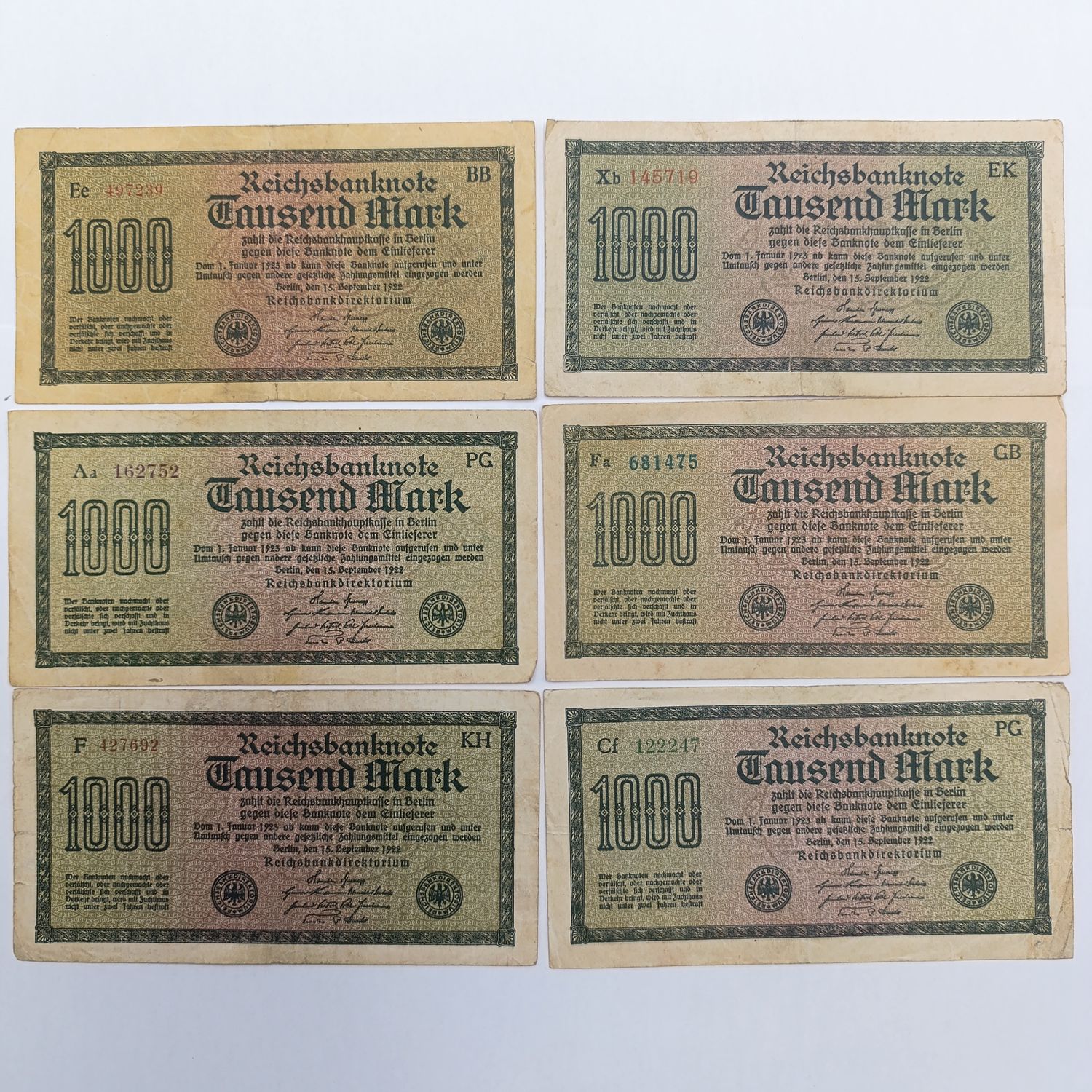 Lot of 6 German 1000 Mark 1922 banknotes - serial no's in different colours