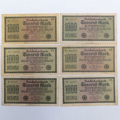 Lot of 6 German 1000 Mark 1922 banknotes - serial no's in different colours
