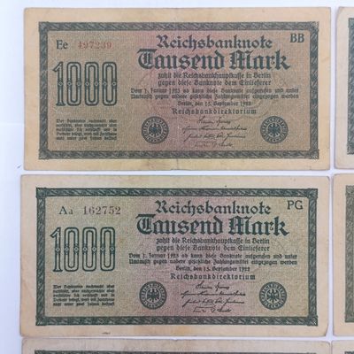 Lot of 6 German 1000 Mark 1922 banknotes - serial no's in different colours