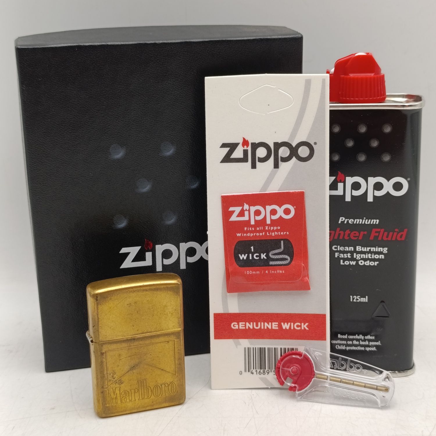 Zippo Marlboro solid brass lighter gift set with fluid, flint &amp; wick