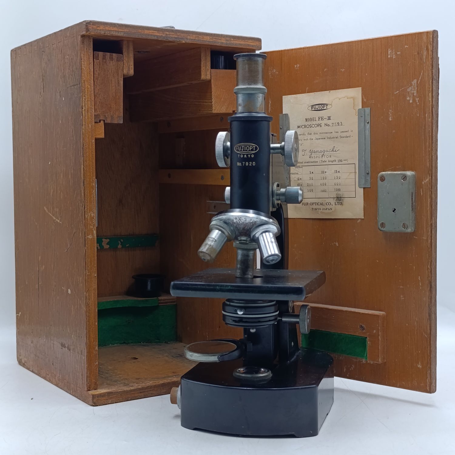 Vintage FujiOpt Tokyo No.7920 microscope in wooden case with extra oculars