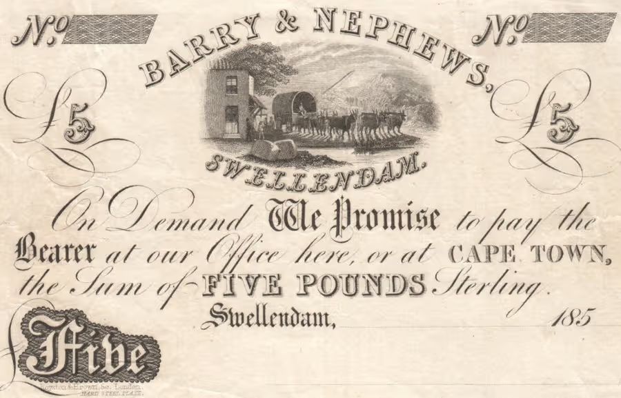 Barry and Nephews Swellendam unissued 1850`s Five Pounds banknote - exceptional quality