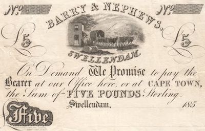 Barry and Nephews Swellendam unissued 1850`s Five Pounds banknote - exceptional quality