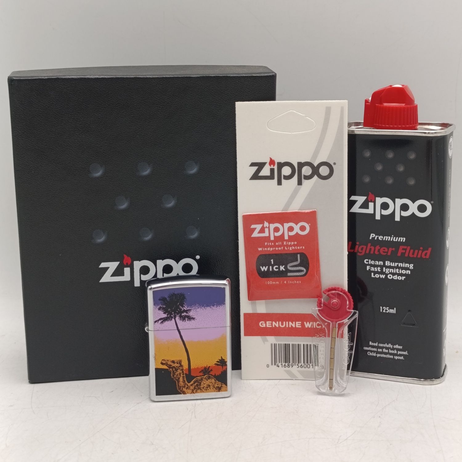 Original Zippo Camel lighter gift set with fluid, flints and wick