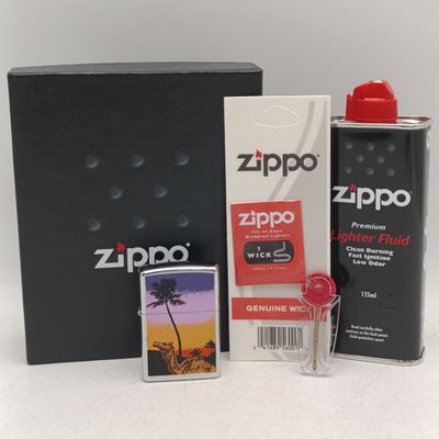 Original Zippo Camel lighter gift set with fluid, flints and wick