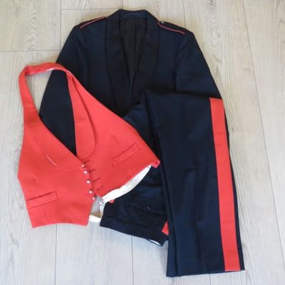 SADF Mess dress uniform - Tunic, waistcoat and trousers - Jacket total back length 66 cm - Armpit to armpit 53 cm - Armpit to cuff 43 cm - Trousers waist 86 cm - Inner leg 85 cm