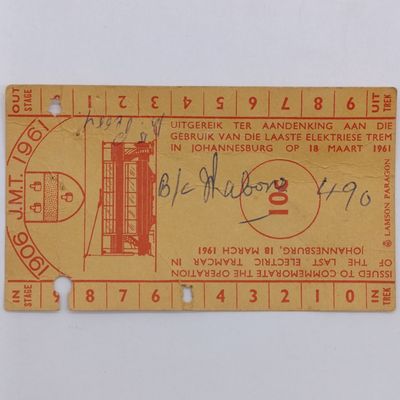 Original 1961 ticket issued to commemorate operation of the last electric tram car in Johannesburg
