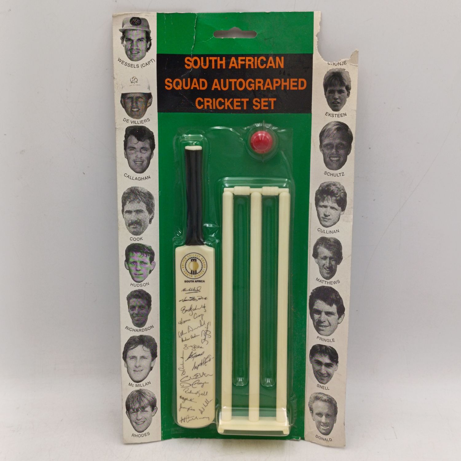 Vintage South African Squad Autographed Cricket set with mini bat, ball and wickets - Hansie's face is torn out